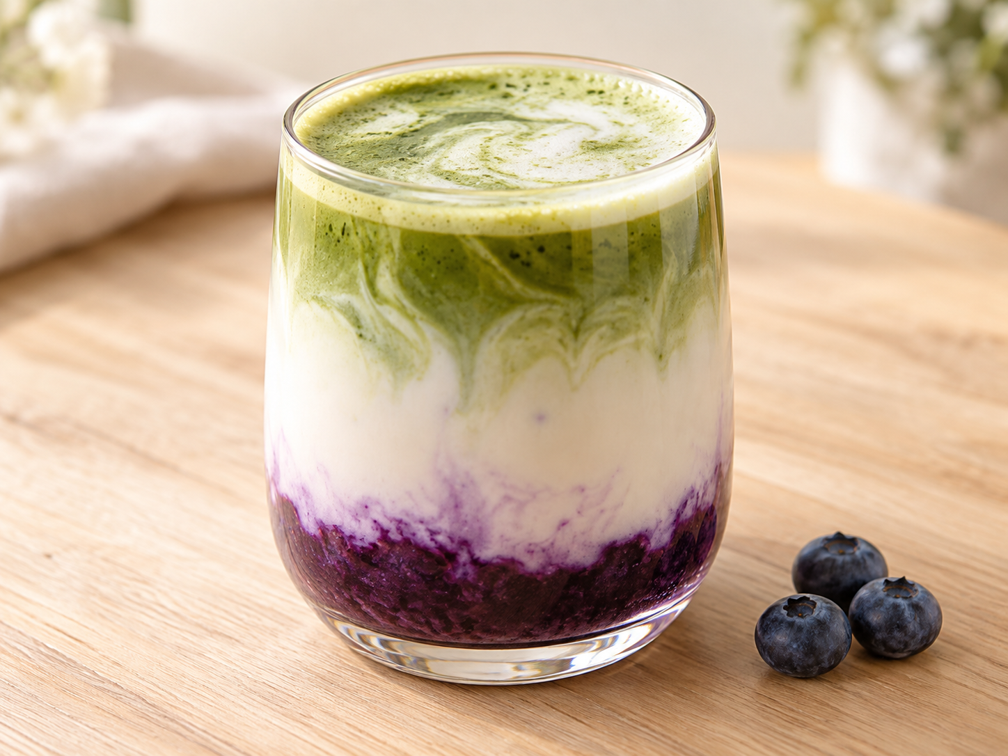 Vrstvené čučoriedkové matcha latte